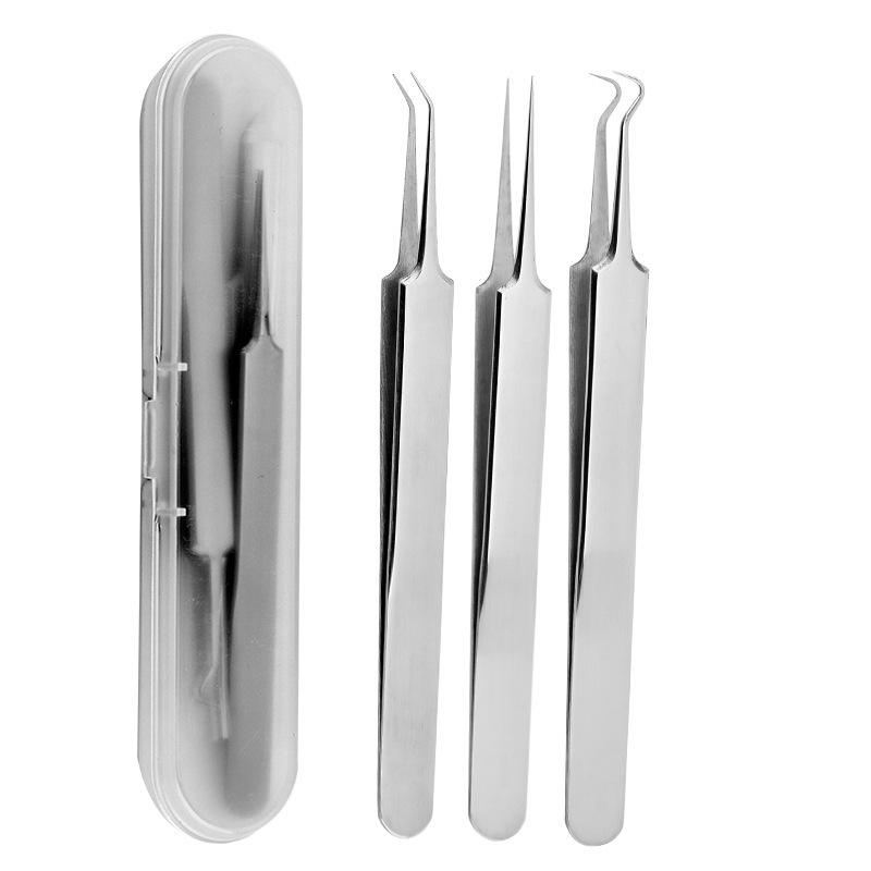 Stainless Steel Blackhead Remover Tweezers Set with Bent Tips for Acne and Pimple Extraction.