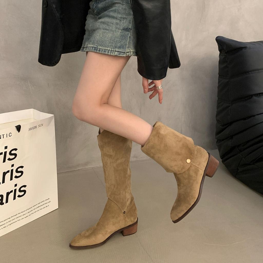 Botas apilables de ante esmerilado de dos usos para mujer 2025 otoño e invierno nuevas botas de vaquero occidentales para exteriores botas largas de caballero con boca en V