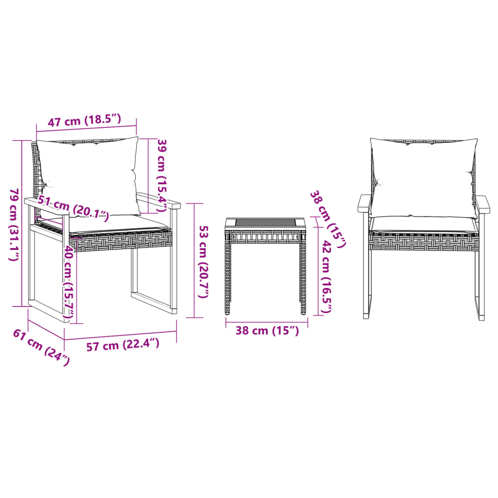 3 Piece Bistro Set with Cushions Beige Poly Rattan & Acacia Wood