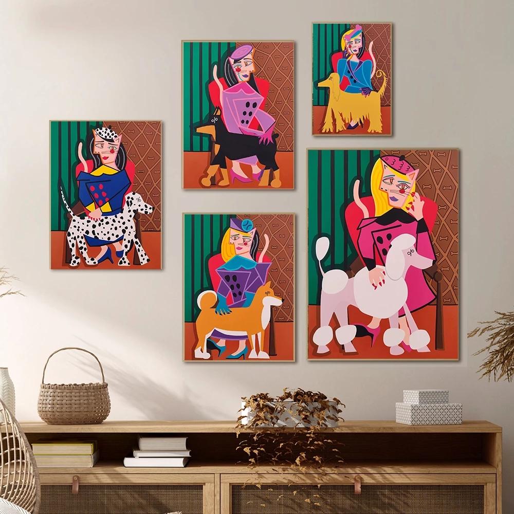 Solid Wood Frame Cartoon Cute Cat Lady with Dog Poster And Prints Animal Canvas Painting Abstract Wall Picture For Living Room Bedroom Home Decor