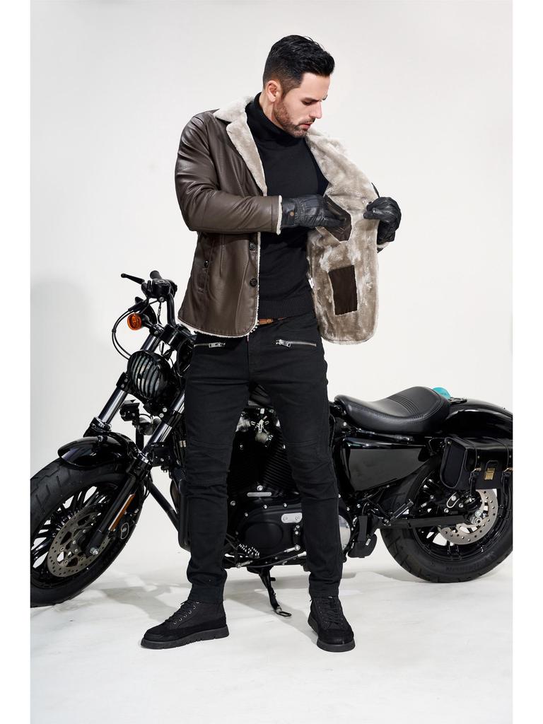 Men's European Mid-Length PU Leather Jacket, Large, Fleece-Lined for Autumn/Winter