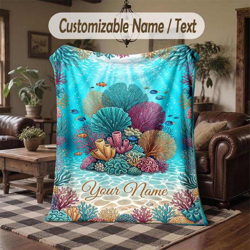 Underwater Coral Paradise 1 Theme Throw Blanket Custom Name Text Personalized Blanket Soft Cozy Blanket for Home Sofa Bed