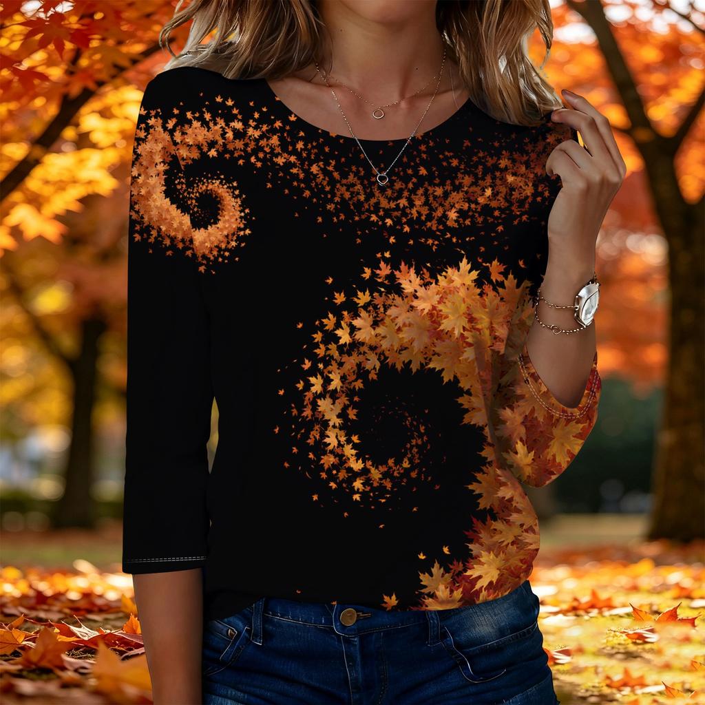 Women's Fashion Casual Three-Quarter Sleeve Round Neck Top with Leaf Print