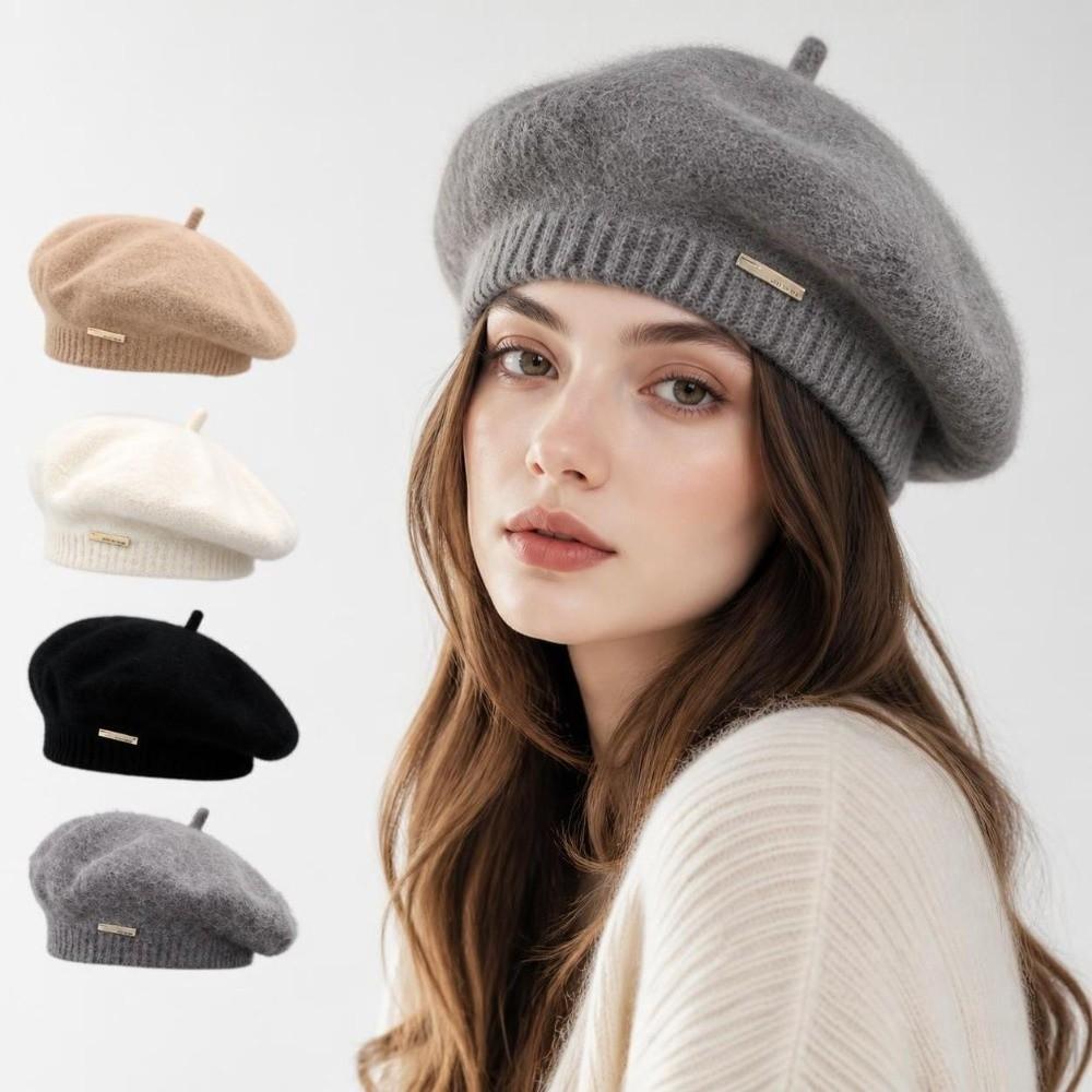 Solid Color Beret Hat Warm Woolen Beanie Cap Retro Knit Cap Women Girl