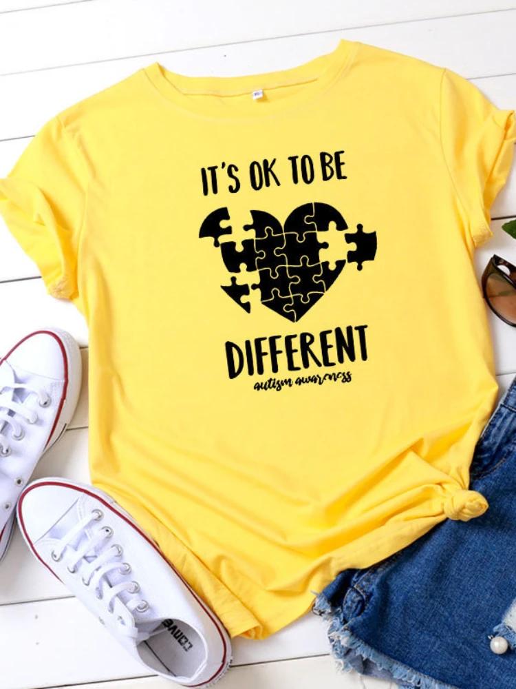 Be Different Jigsaw Heart Print Women T Shirt Short Sleeve O Neck Loose Women Tshirt Ladies Tee Shirt Tops Camisetas Mujer