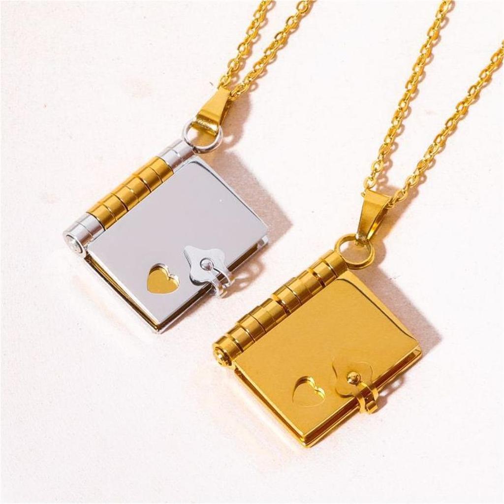Stainless Steel Couple Book Pendant Necklace with Personalized Ins Titanium Steel Heart Opening and Closing Book Sweater Chain