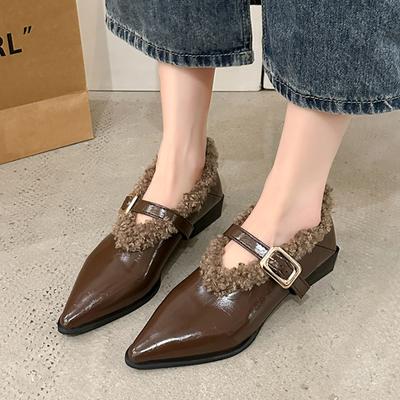 Women's Single Boots Winter New Mid-heel Pointed Plush Buckle Leather Boots Fashion Comfortable Increase Wear Oxford Shoes