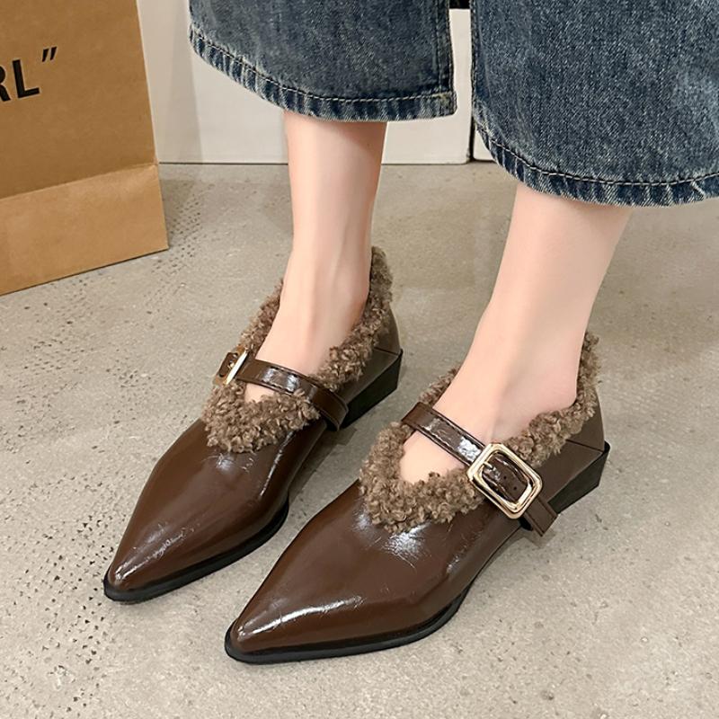 Women's Single Boots Winter New Mid-heel Pointed Plush Buckle Leather Boots Fashion Comfortable Increase Wear Oxford Shoes