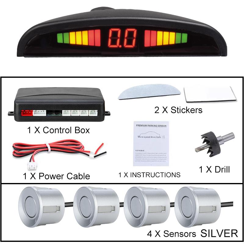 New LED Parking Sensor System Backlight Parktronic Monitor Display Kit Backup Detector Assistant 4 Probes