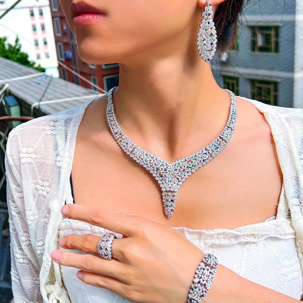 Saudi Bridal Jewelry Set Dress Accessories Zircon Necklace Earrings Bracelet Ring Four-Piece Chain Set