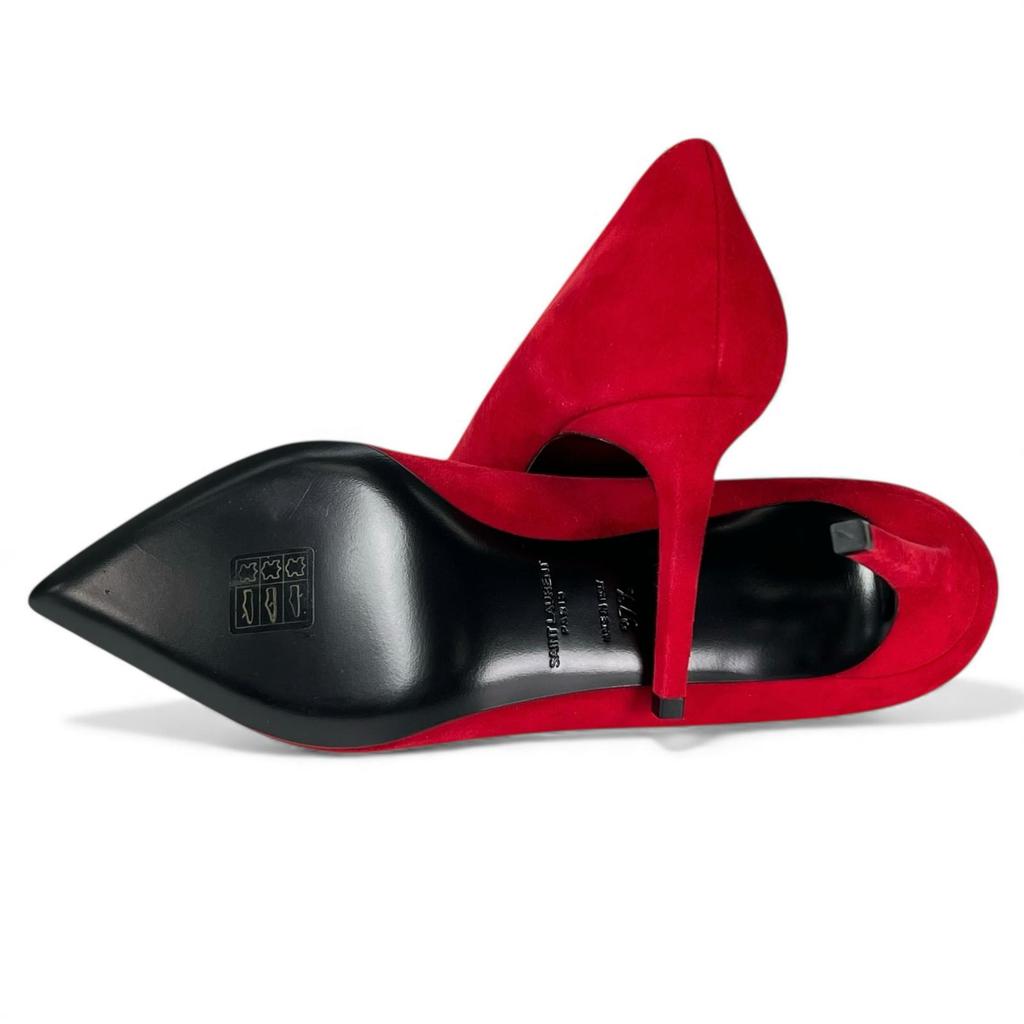 Pristine SAINT LAURENT Pumps Pointed Toe Stiletto Heels Red Suede Leather 37.5 Used