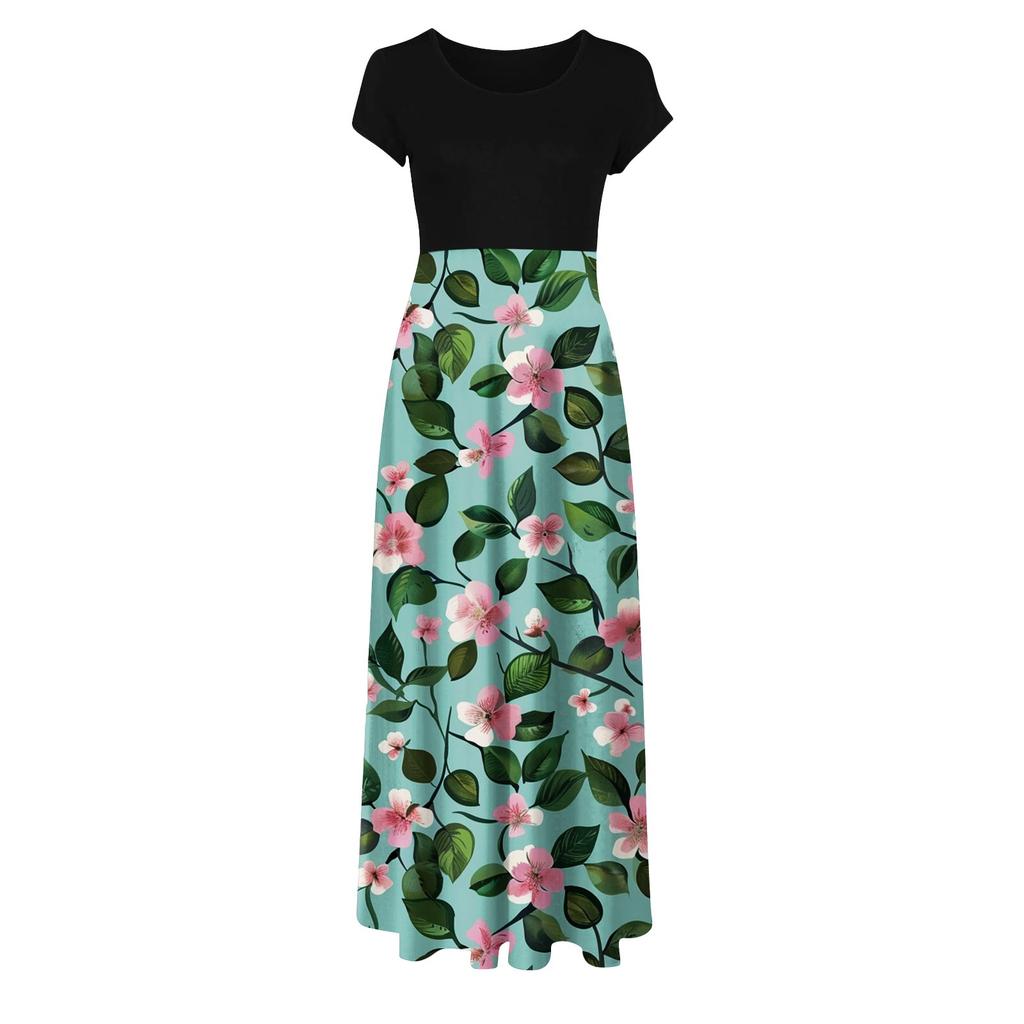 Women's Fashion Casual Loose Printed Round Neck Short Sleeve Long Dresses Short Sleeve Long Dresses