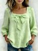 Women Solid Color Bow Knot Loose Fit Square Collar Nine Quarter Sleeve Fashion Blouse Shirt