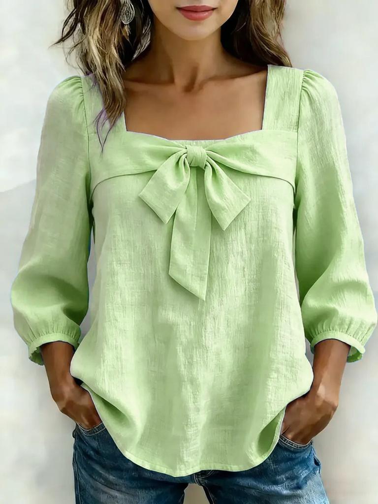 Women Solid Color Bow Knot Loose Fit Square Collar Nine Quarter Sleeve Fashion Blouse Shirt
