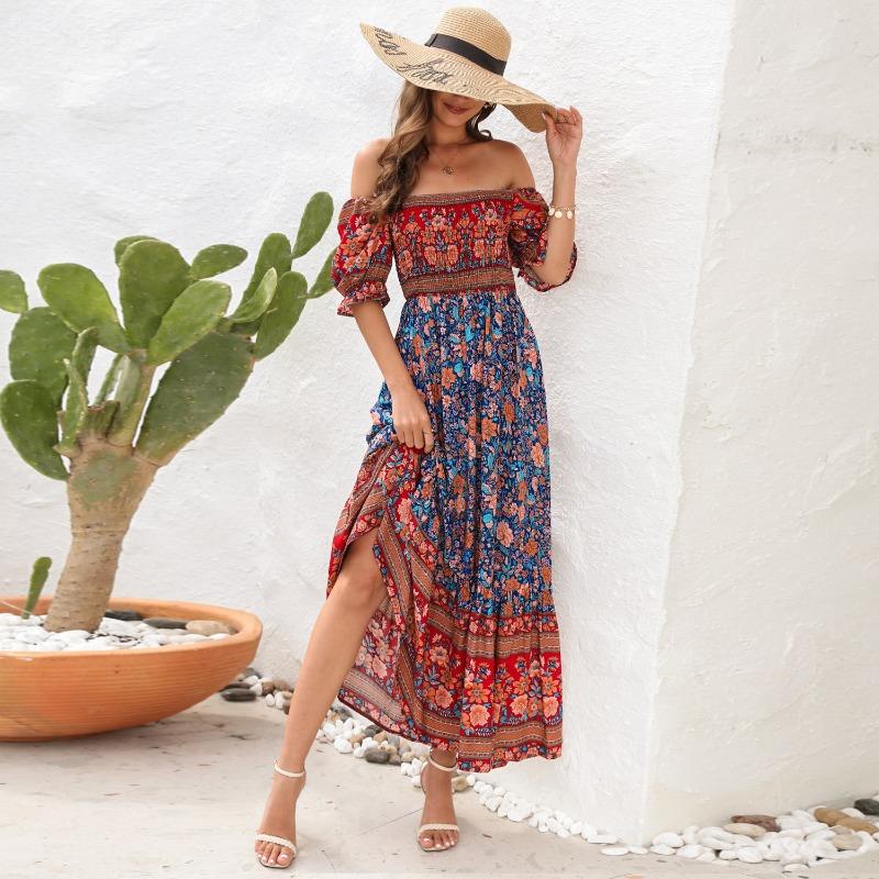 Bohemian Puff Sleeve Off Shoulder Midi Beach Vacation Dress For Women