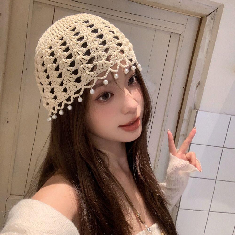 Beads Tassels Knit Beanies Sweet Weave Cap Retro Crochet Hollow Knitted Hat  Outdoor