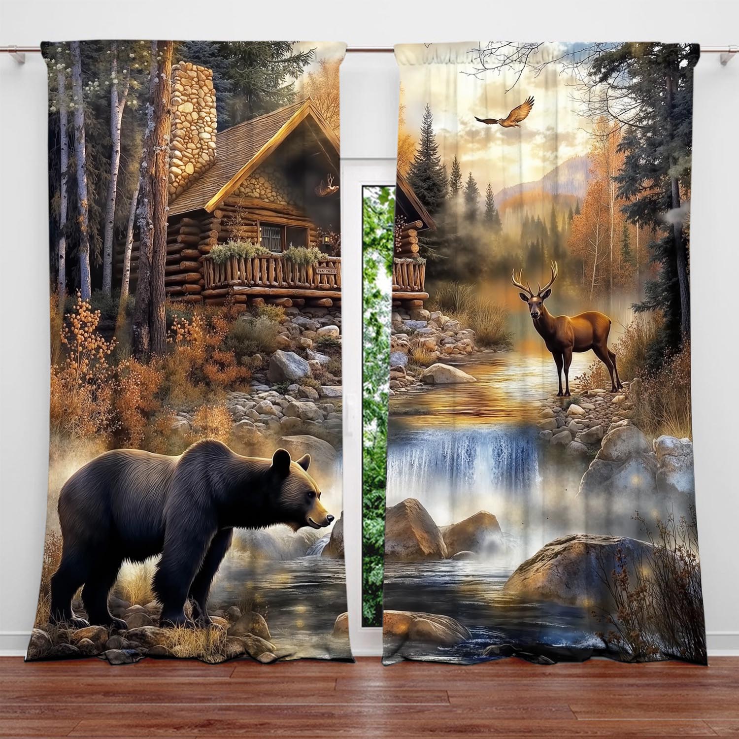 

Panels Autumn Forest Cabin Animals Decorative Curtains Semi Transparent Without Lining Durable Polyester Fiber Curtain W100*H70(CM)-Hooks&1PCS