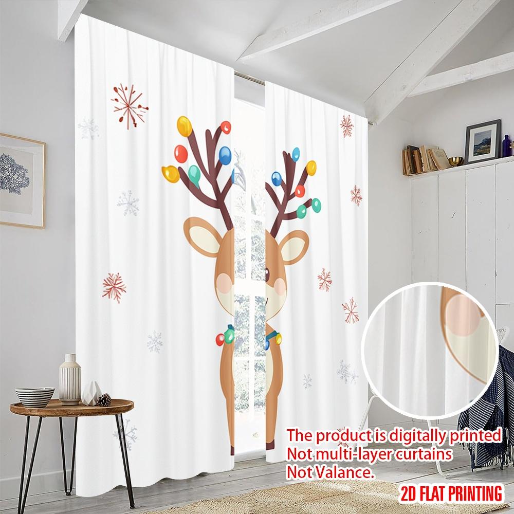 2pcs,2D Plane Printing Curtain Fabric Cute Christmas Deer Snowfall Holiday (3) Versatile 100% Polyester (without Rod)