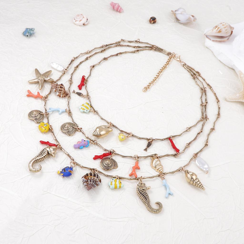 Leisure vacation ocean wind alloy seahorse conch starfish imitation pearl various pendants three-layer stacked necklace