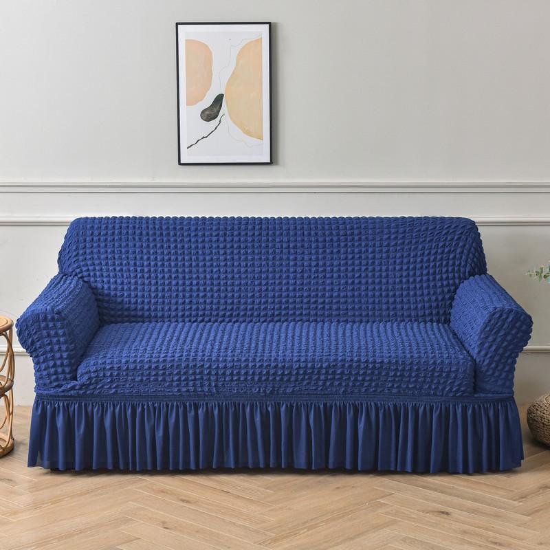 Solid Color Seersucker Sofa Cover with Skirt, Full Coverage, Non-Slip, Dustproof, Stretch Sofa Slipcover for Couch with Armrests