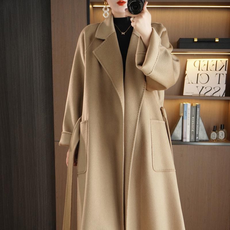 Women's Extra Long Double-Sided 100% Wool Coat with Belt for Autumn and Winter