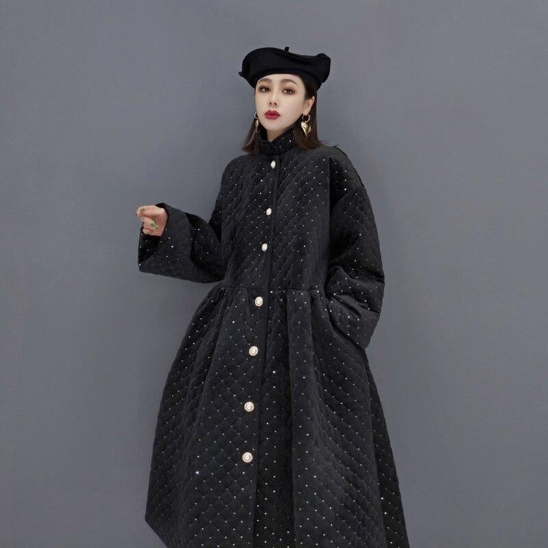 Xitao Winter New Parka Black Sequins Loose A-LINE Splicing Fashion Stand Collar Women Large Size Keep Warm Parka Coat LL1026