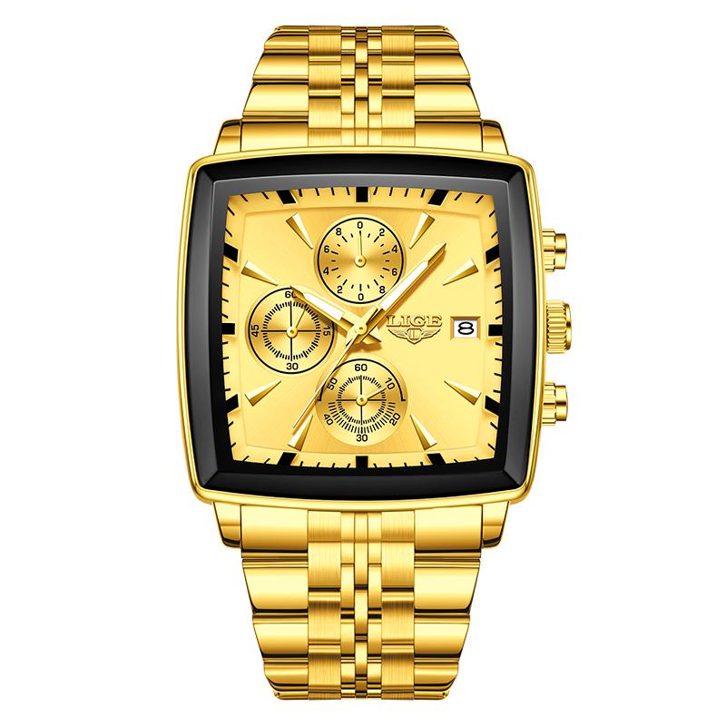 LIGE Square Men s Watch Business Waterproof Luminous Sports Quartz Watch Stainless Steel Strap Calendar Relogios Masculino+Box золотой