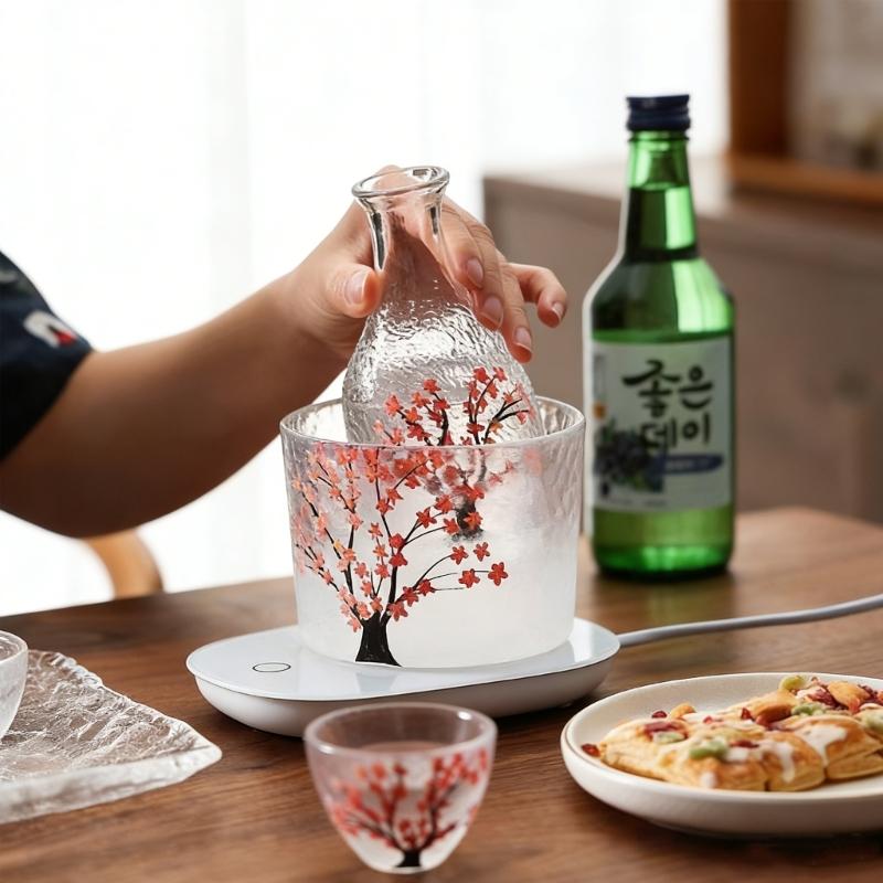 Elegant Japanese Flower Glass Sake Bottle Set Includes 1 Carafe And 4 Matching Cups with 1 Tank For Traditional Drinking