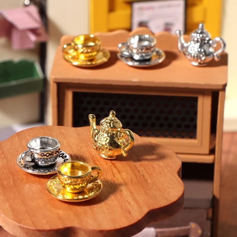 1Set 1:12 Dollhouse Miniature Teapot Cup Saucer Metal Tea Set Dining Table Model Decor Toy Doll House Accessories
