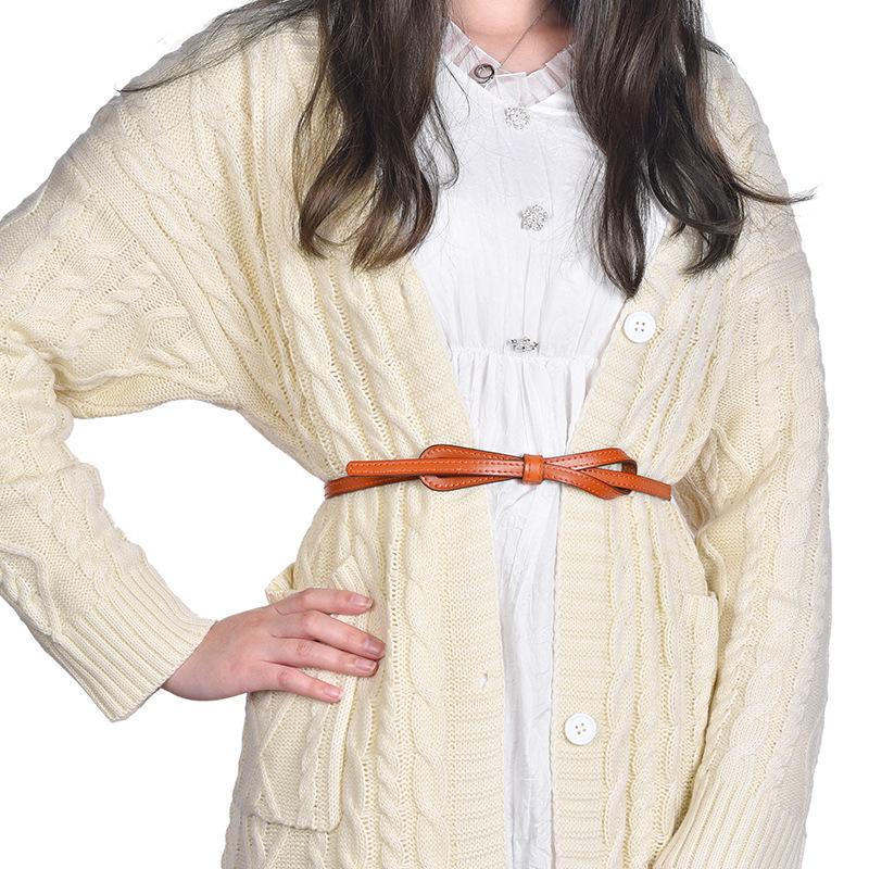 Fine Belt Women'S Leather Knotted Decorative Belt Black With Dress Sweater Waist Strap