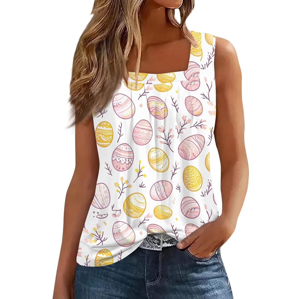Women's Fashion Casual Pleated Square Collar Sleeveless Vest Print Summer T-shirt
