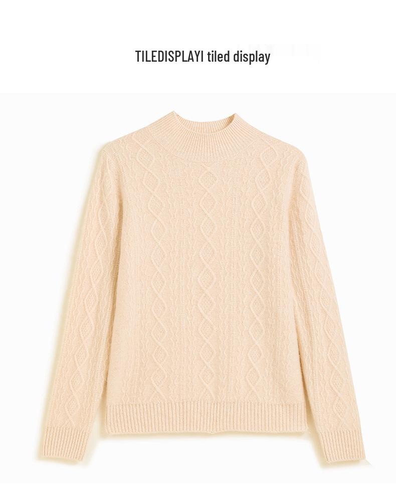 Retro Cable Knit Women's Cashmere High-Neck Pullover Sweater with Slimming Twist Pattern