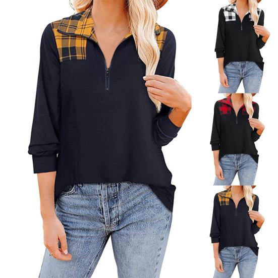 Loose Casual Color-Blocked Checkered Long Sleeve Turn-Down Collar Shirt