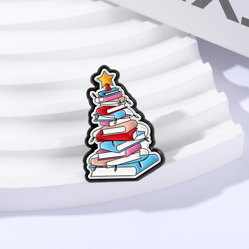 Christmas Books Tree Enamel Pins Bookworm Brooches Lapel Badges Cartoon Bookish Reading Jewelry Gift for Reader Friends