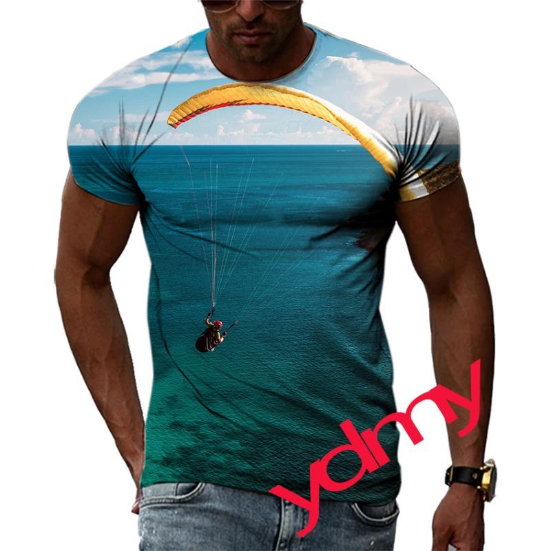 Tide Fashion Summe Parachute Picture Men's T-shirt Casual Print Tees Hip Hop Personality Round Neck Short Sleev Tops