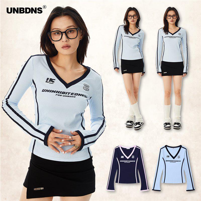 

UNBDNS Autumn V-Neck Color Block Long Sleeve Slim Fit T-Shirt for Women Small