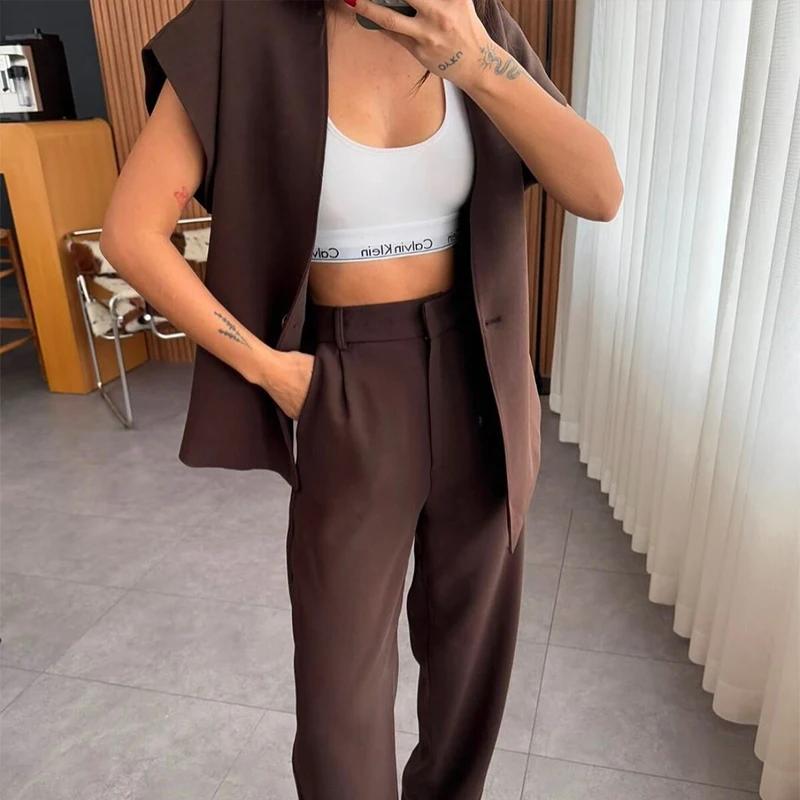 Casual 2 Piece Pants Sets Women Solid One Button Blazer Zippers High Waist Pleat Wide Trousers 2025 Spring Summer Lady Outfits