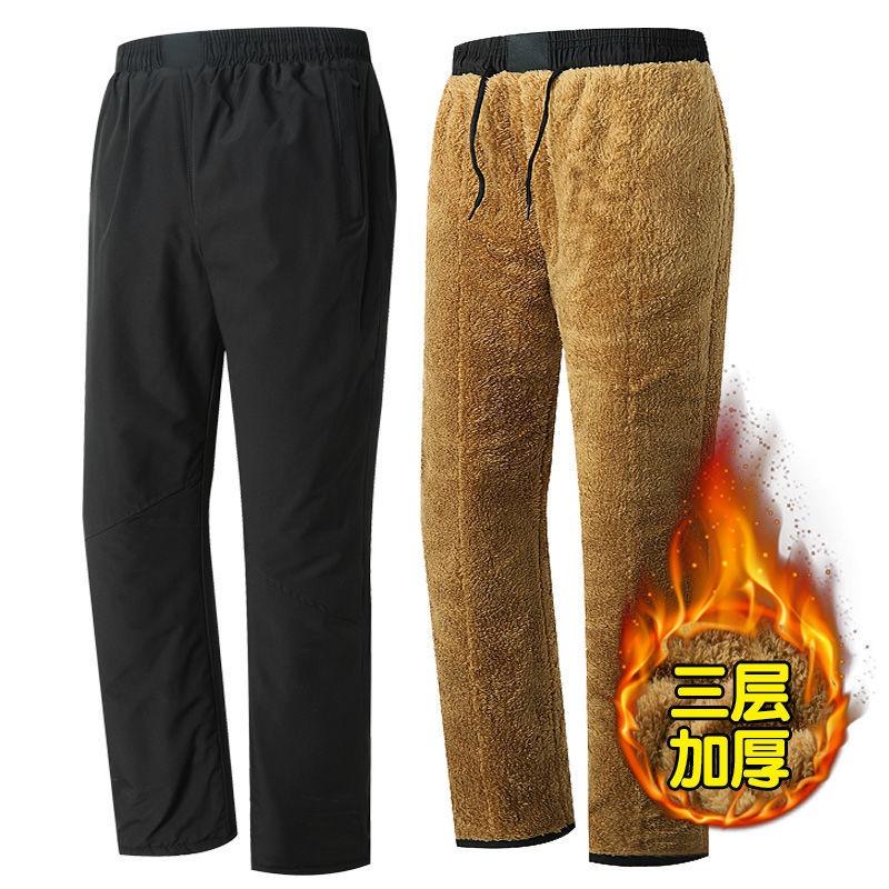 Mens Thickened Fleece Lined Straight Warm Casual Winter Pants For Middle Aged Dad