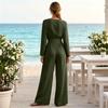Damen V-Ausschnitt Taillenbetonender Langarm-Jumpsuit, Farbe, Elegant für Arbeit und Abend