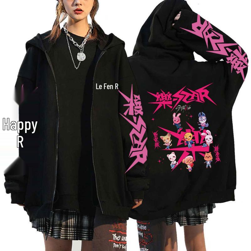 Stray Kids K-Pop Star Harajuku Print Loose Zipper Hoodie