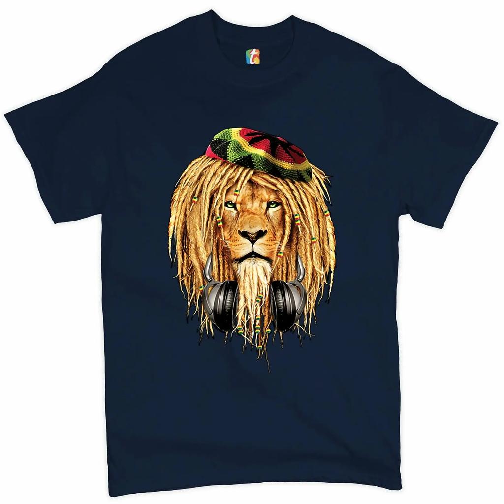 Royal Lion with Headphones Jamaican Reggae Music Lovers T-Shirt 100% Cotton O-Neck Short Sleeve Casual Mens T-shirt Size S-3XL