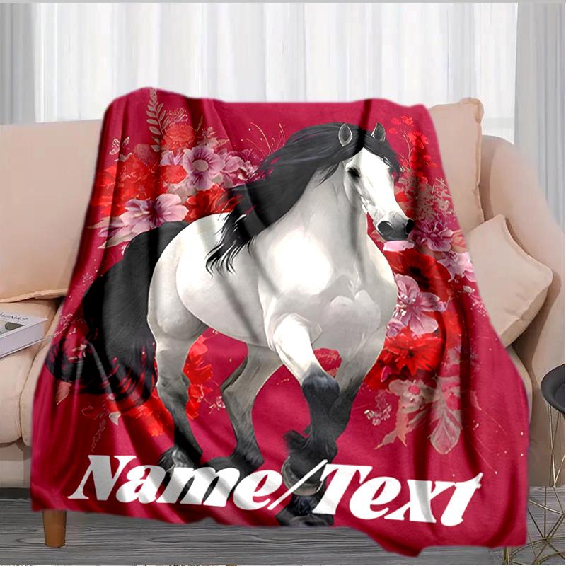 1PC Custom Name Horse Art Flowers outdooor Flannel blankets Throw Blanket All-Season Throw Gift Bedspread for Couch, Bed, Camping Holiday Birthday gif