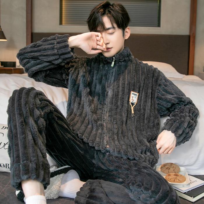 Pyjama en molleton de corail pour homme, ensemble de vêtements de nuit chauds en flanelle épaisse, surdimensionné, fermeture éclair, doux, mode, solide, pour la maison, automne et hiver