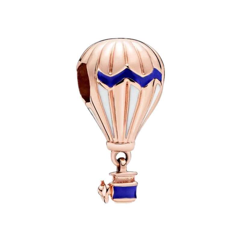 Plated Rose Gold Sparkling Pink Air Balloon & Levelled Heart Charm Bead Fit Original Sier Bracelet DIY Jewelry