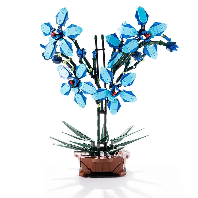 1097PCS Blue Orchid Potted Building Blocks MOC Bricks Toys DIY Plastic Bonsai Artificial Flowers for Home Decor Gift Set