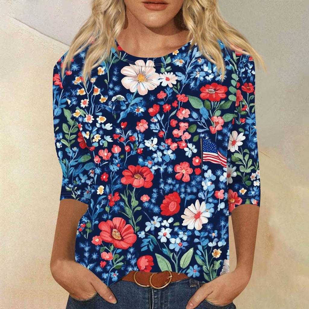 Women's Fashion Casual Round Neck 3/4 Sleeve Loose Printed T-Shirt Ladies Top