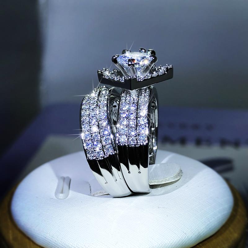 Fashion New Style 925 Silver Geometric Six-Claw White Zircon Three Rows Double Rings Women's Party Cocktail Party Traveling Jewe