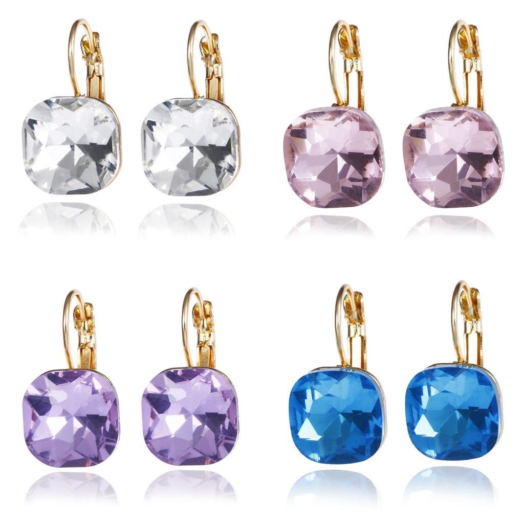 Trendy Square Crystal Drop Earrings for Women Wedding Party Elegant Jewelry Golden Geometry Loop Earrings White Pink Blue