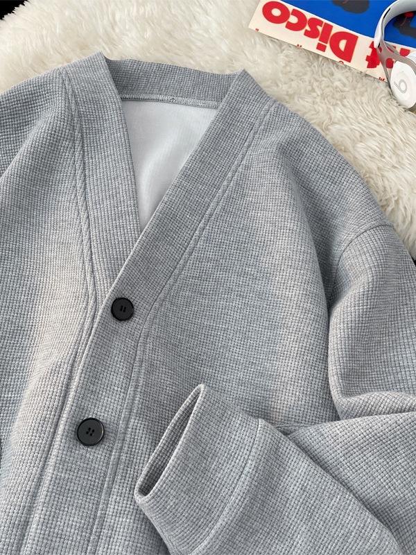 Men's Retro Waffle Knit V-Neck Cardigan Hoodie – Spring/Autumn Heavyweight Loose Casual Jacket.