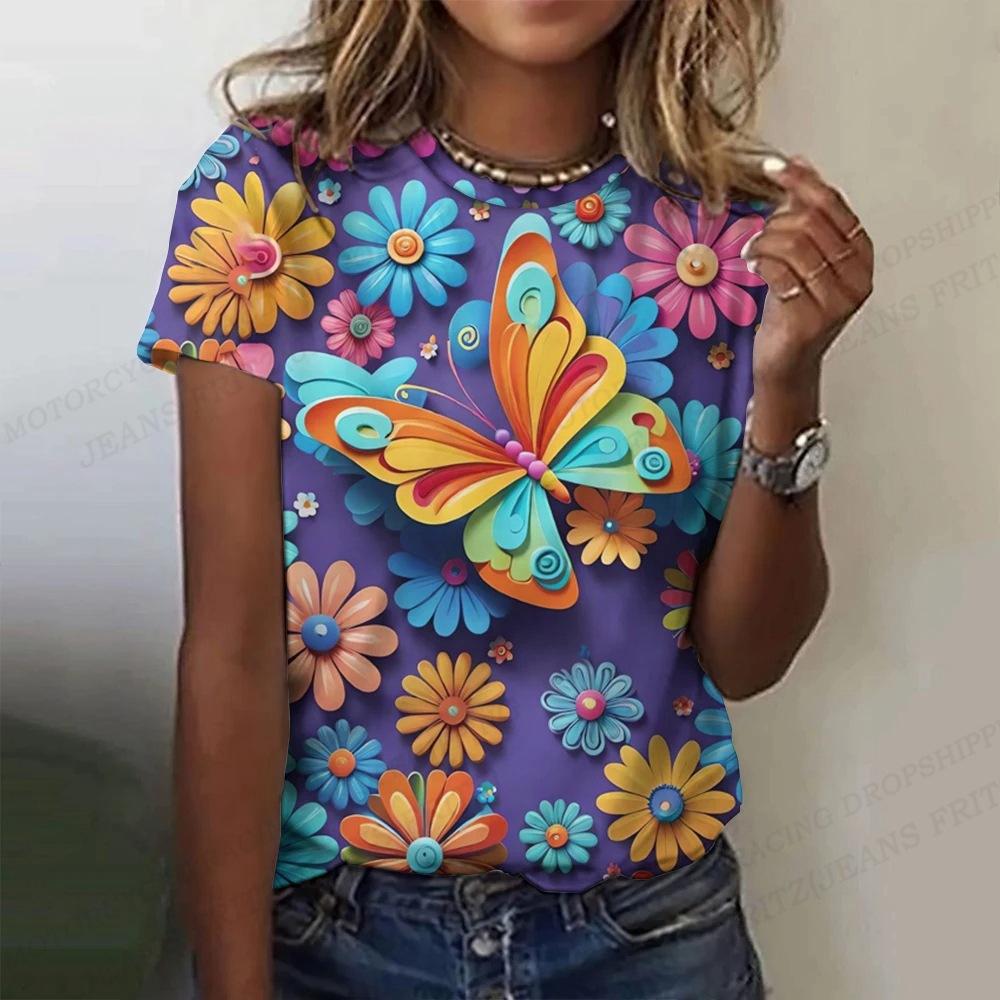 Summer Round Neck 3D Butterfly Flower Pattern Printed Top Fashionable Casual Short Sleeved Women's T-shirts